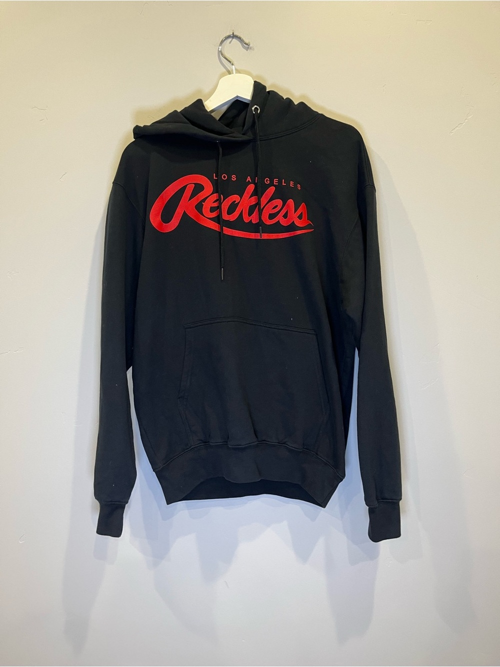 Black Hoodie with Red 'Reckless' Script - Los Angeles